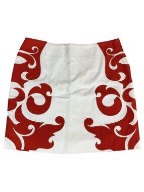 Vanessa Virginia Red White‎ Cotton Skirt 10 Ornate Pattern Lined Hawaiian Travel